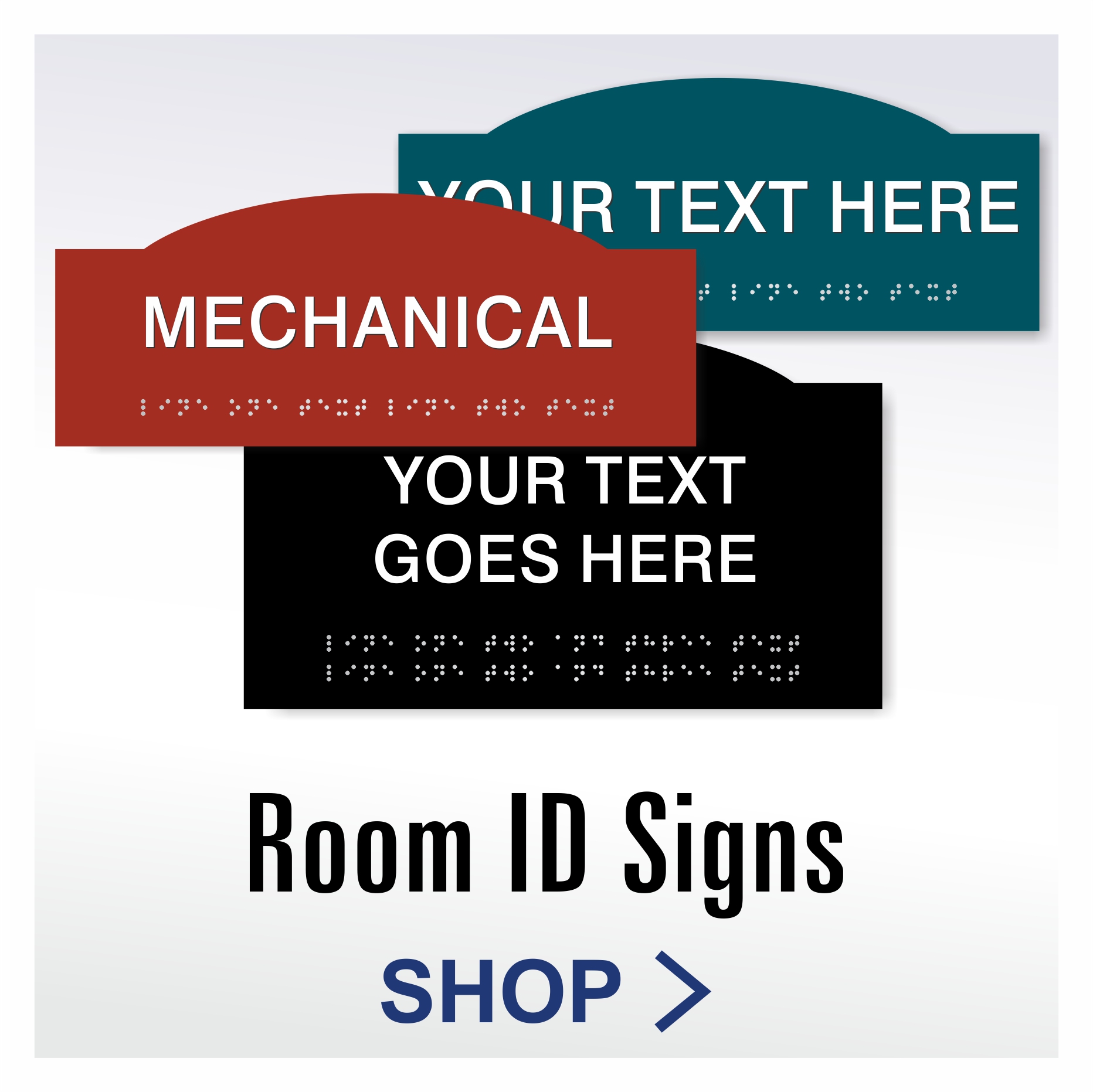 Crown ADA room identification signs with crown-top design and Grade 2 braille